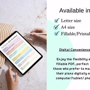 Pu&ograve; includere: Un tablet digitale che mostra un foglio di lavoro V.I.T.A.L.S. Skills. Il testo "Disponibile in: Formato Lettera, Formato A4, Compilabile/Stampabile" &egrave; visibile. L'immagine include anche il testo "Convenienza digitale..."