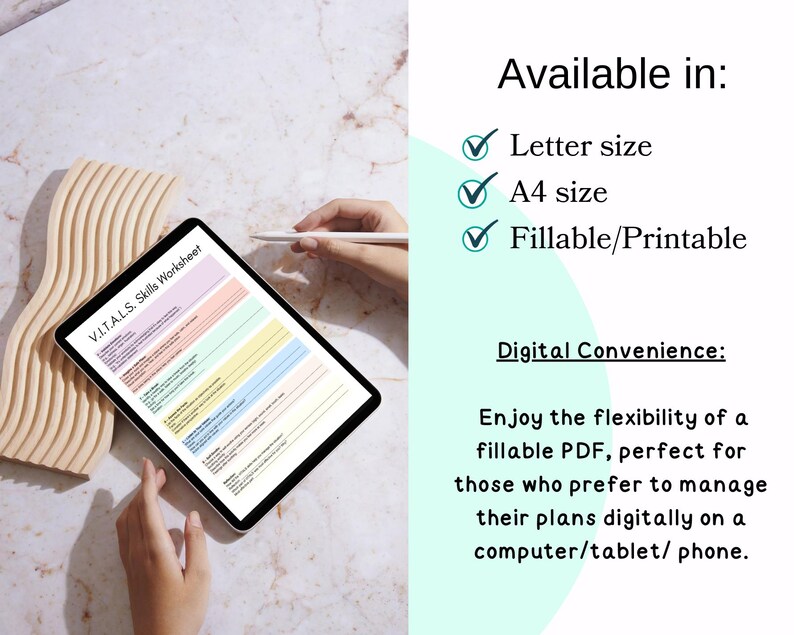 Pu&ograve; includere: Un tablet digitale che mostra un foglio di lavoro V.I.T.A.L.S. Skills. Il testo "Disponibile in: Formato Lettera, Formato A4, Compilabile/Stampabile" &egrave; visibile. L'immagine include anche il testo "Convenienza digitale..."