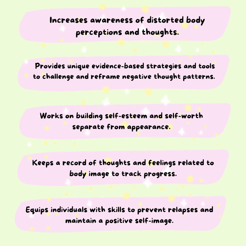 May include: Pink and green graphic with five bullet points describing the benefits of body image therapy. The text includes phrases like "increases awareness of distorted body perceptions", "unique evidence-based strategies", "building self-esteem", "keeps a record of thoughts", and "equips individuals with skills".