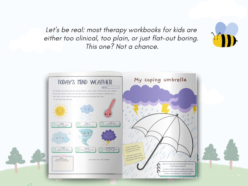 May include: An open workbook with colorful illustrations for children. The left page features a sun, clouds, and a tornado. The right page shows an umbrella under a storm cloud. Text includes "Today's Mind Weather" and "My coping umbrella."