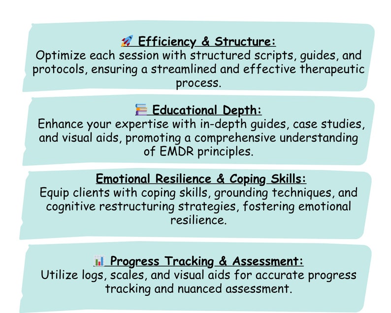 May include: A teal blue infographic with four sections, each with a title and description. The titles are "Efficiency & Structure", "Educational Depth", "Emotional Resilience & Coping Skills", and "Progress Tracking & Assessment".