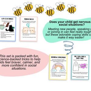 May include: A set of coping skills cards with illustrations and text. The cards feature a cozy cocoa inhaler, mirror match, rainbow compliment, and the "oops that's okay" rule. The text says the cards help kids feel braver and more confident.