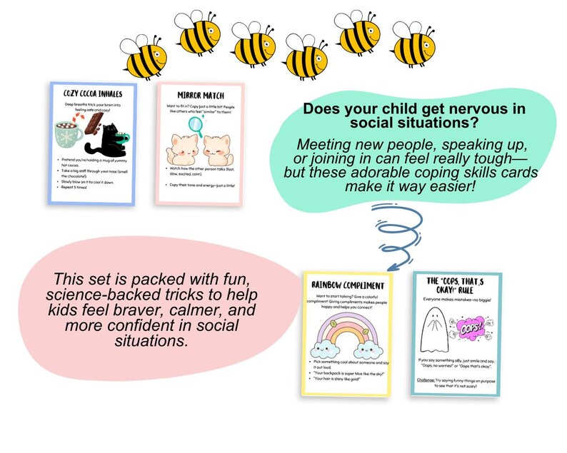 May include: A set of coping skills cards with illustrations and text. The cards feature a cozy cocoa inhaler, mirror match, rainbow compliment, and the "oops that's okay" rule. The text says the cards help kids feel braver and more confident.