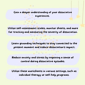 May include: A light green background with purple ovals containing text. The text includes phrases such as "Gain a deeper understanding of your dissociative experiences" and "Utilize self-assessment scales". Decorative stars and hanging stars are also present.
