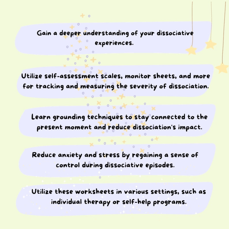 May include: A light green background with purple ovals containing text. The text includes phrases such as "Gain a deeper understanding of your dissociative experiences" and "Utilize self-assessment scales". Decorative stars and hanging stars are also present.