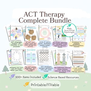 May include: A comprehensive ACT Therapy bundle with worksheets, charts, and guides. The image showcases visual aids like the ACT matrix and value sorting boxes. The text includes "200+ Items included" and "Science Based Resources".
