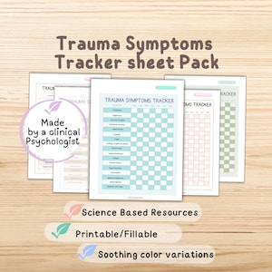 Könnte beinhalten: Ein Paket druckbarer Trauma-Symptom-Tracker-Blätter in verschiedenen Pastellfarben. Die Blätter enthalten ein Checklistenformat zur Verfolgung der Symptome. Text auf dem Bild enthält "Trauma Symptoms Tracker sheet Pack", "Made by a clinical Psychologist".