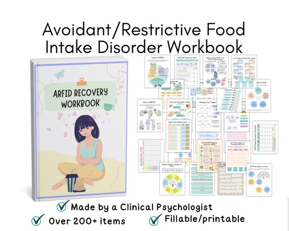 ARFID workbook, ARFID worksheets, avoidant/restrictive food intake disorder, CBT for arfid eating disorder recovery worksheets arfid journal