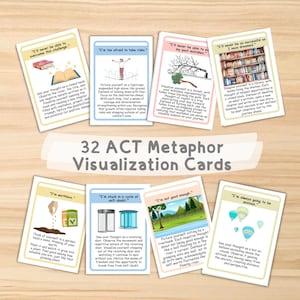 32 Acceptance Metaphor Cards, ACT Visualization Flashcards, Cognitive Defusion Therapy Tools