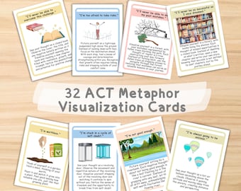 32 Acceptance Metaphor Cards, ACT Visualization Flashcards, Cognitive Defusion Therapy Tools
