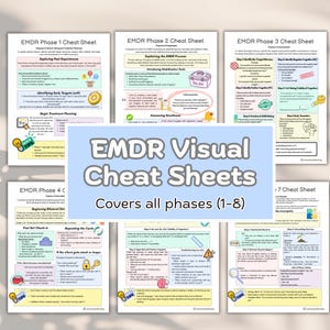 May include: A collection of EMDR visual cheat sheets covering phases 1 through 8. The documents feature structured text, bullet points, and colorful icons including lightbulbs, targets, toolboxes, and locks, organized on white paper sheets.