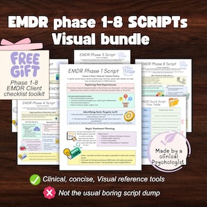 May include: A visual bundle of EMDR phase 1-8 scripts, including a free client checklist toolkit. The bundle features colorful, concise reference tools for clinical use, with the text "Made by a clinical psychologist."
