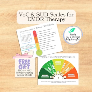 Puede incluir: Imagen de materiales educativos para la terapia EMDR, que incluyen una escala de Unidades Subjetivas de Angustia (SUDS) y una escala de calificación de la Validez de la Cognición (VOC). Incluye una caja de regalo con el texto "FREE GIFT".