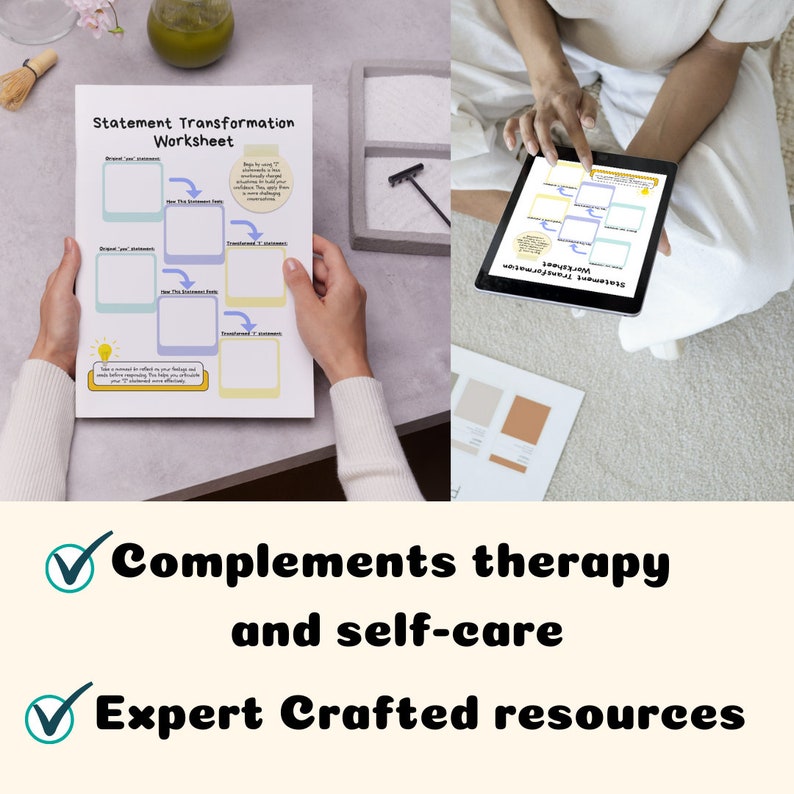 May include: A printable worksheet titled "Statement Transformation Worksheet" with two sections for writing statements. The worksheet is designed to help people reframe negative thoughts into more positive ones. The image also shows a digital version of the worksheet on a tablet.
