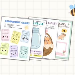 May include: A collection of colorful printable cards with various themes. The cards include "Compliment Cards," a "Tips Jar," a "Kindness Basket," and "Memories." Each card features illustrations and text, with a cartoon bee in the upper right corner.