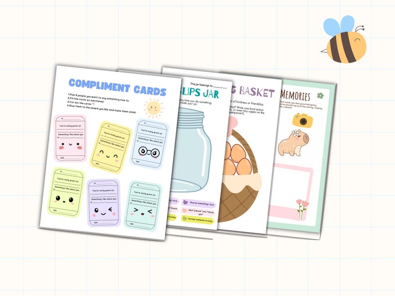 May include: A collection of colorful printable cards with various themes. The cards include "Compliment Cards," a "Tips Jar," a "Kindness Basket," and "Memories." Each card features illustrations and text, with a cartoon bee in the upper right corner.