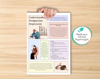 May include: A printed informational sheet titled "Understanding Postpartum Depression" held by a hand. The sheet includes illustrations and text explaining the condition, with a "Made by a Clinical Psychologist" seal.