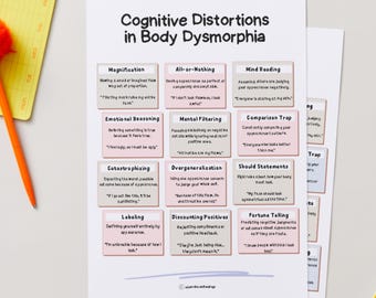 Cognitive Distortions Handout for Body Dysmorphia (Can be used as a handout or mini cards)