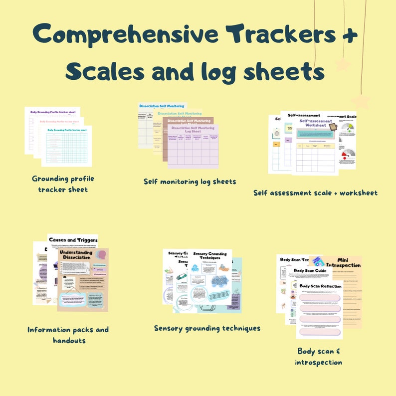May include: A selection of printable worksheets and log sheets for self-assessment and tracking. The image shows various documents, including a grounding profile tracker sheet, self-monitoring log sheets, and a self-assessment scale. The text reads "Comprehensive Trackers + Scales and log sheets."