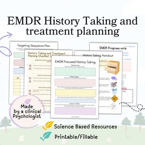 Może przedstawiać: Zestaw materiałów do terapii EMDR do wydruku. Dokumenty obejmują listy kontrolne dotyczące wywiadu i planowania leczenia, przewodniki po ukierunkowanym wywiadzie i notatki z postępów. Tekst zawiera "EMDR History Taking and treatment planning", "Science Based Resources", i "Printable/Fillable".