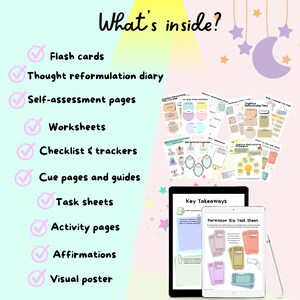 May include: A checklist of resources for mental health and well-being. The checklist includes flash cards, a thought reformulation diary, self-assessment pages, worksheets, checklists and trackers, cue pages and guides, task sheets, activity pages, affirmations, and a visual poster. The checklist is illustrated with a pink and blue background with stars and a crescent moon.