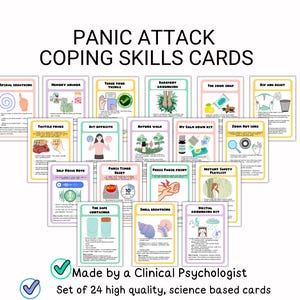 Può includere: Un set di 24 carte di abilità di coping per attacchi di panico. Ogni carta presenta una tecnica diversa, come la respirazione a spirale e la passeggiata nella natura. Progettato da uno psicologo clinico.