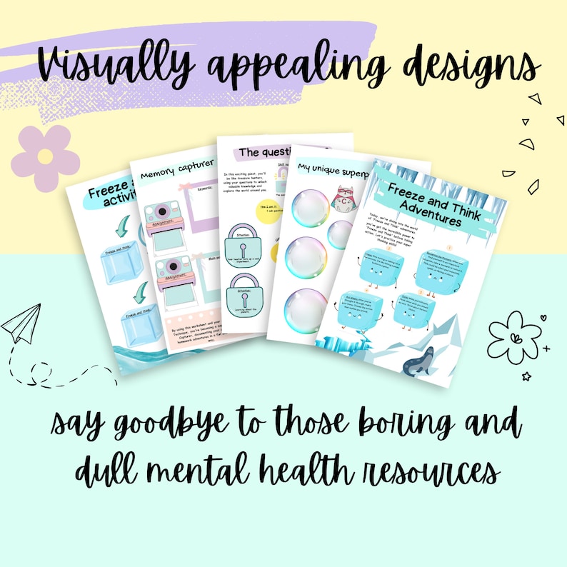 May include: Four colorful printable worksheets with a winter theme. The worksheets feature activities such as memory games, word searches, and puzzles. The text on the worksheets includes "Freeze and Think Adventures", "Memory Capturer", "The Question", and "My Unique Superpower".