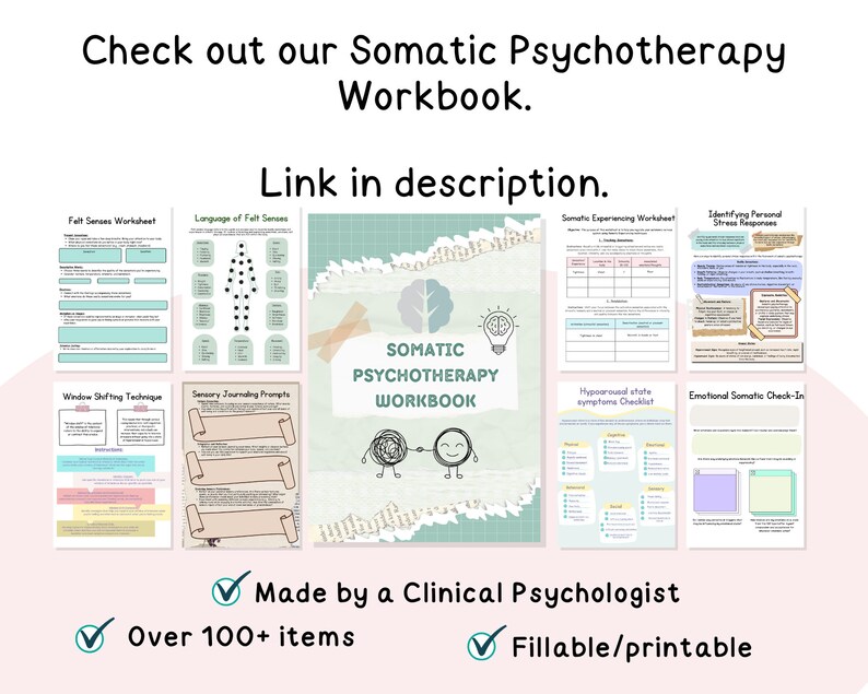 May include: A digital workbook for somatic psychotherapy with over 100 printable worksheets. The cover features a cartoon illustration of two people holding hands with a brain and the text "Somatic Psychotherapy Workbook".
