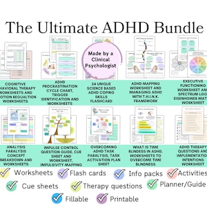 May include: The Ultimate ADHD Bundle, a collection of worksheets, flashcards, and guides for cognitive behavioral therapy, ADHD mapping, and executive functioning. Includes fillable and printable resources. Made by a Clinical Psychologist.