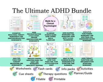 May include: The Ultimate ADHD Bundle, a collection of worksheets, flashcards, and guides for cognitive behavioral therapy, ADHD mapping, and executive functioning. Includes fillable and printable resources. Made by a Clinical Psychologist.