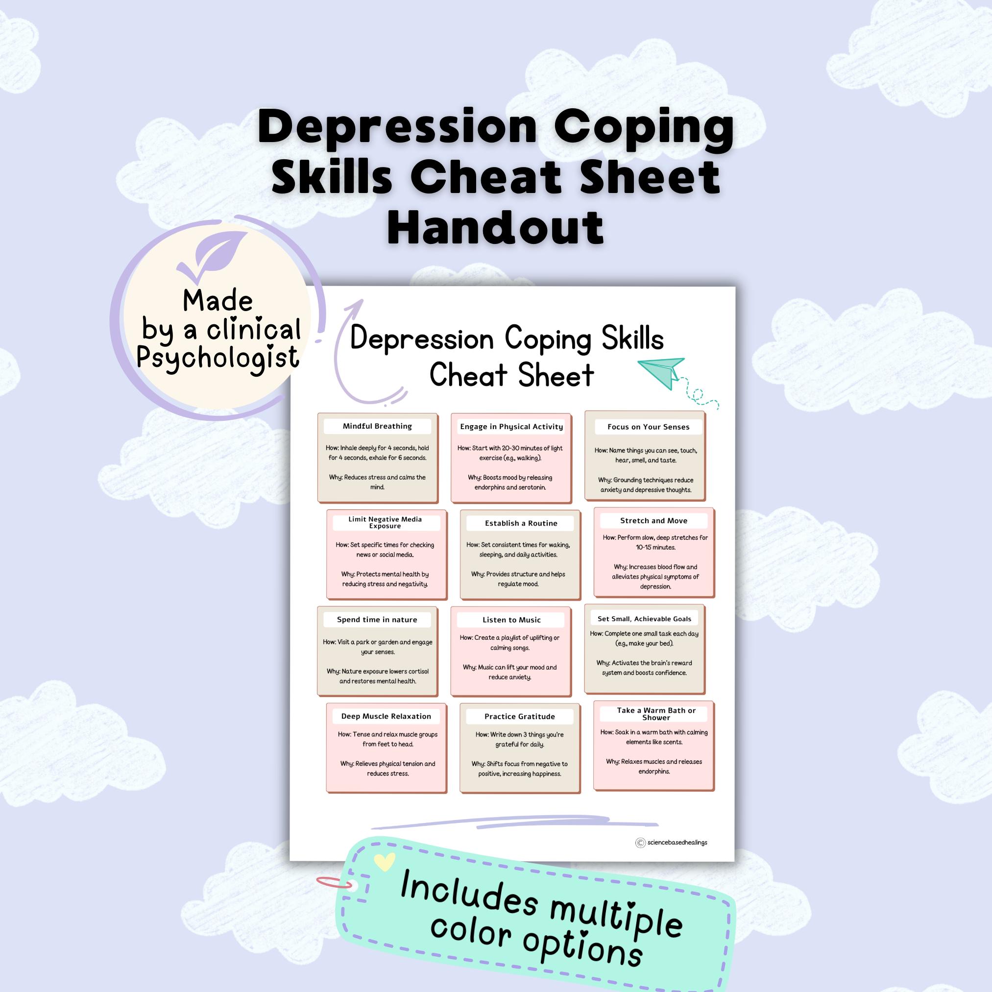 Depression Coping Skills Cheat Sheet, Mental Health Handout (3 ...