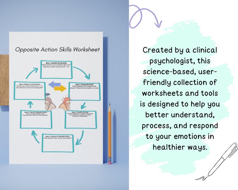 May include: A worksheet titled "Opposite Action Skills Worksheet" with a flowchart outlining steps to help manage emotions. The steps include identifying the emotion, checking the facts, taking opposite action, and choosing an opposite action. The worksheet features two cartoon characters, a blue and a yellow arrow, and a green circle.