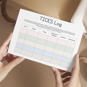 May include: A white TICES Log sheet featuring a grid with columns for Date, Trigger, Image, Cognitions/thoughts, Emotions, and Sensations. The grid rows alternate between light pink, light green, light blue, and beige colors on a white background.