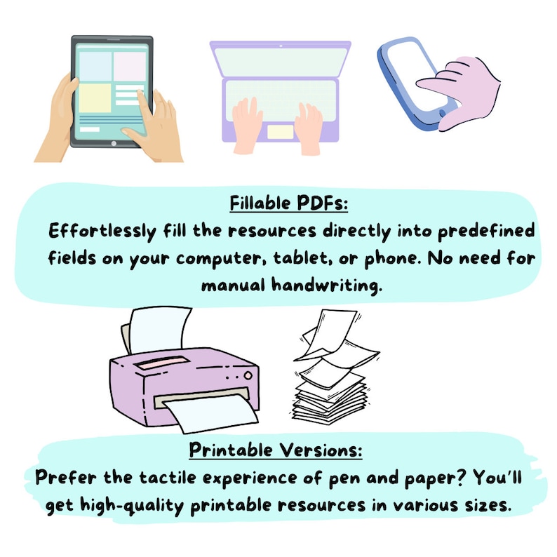 May include: Illustration of different ways to use digital resources. A tablet, laptop, and smartphone are shown with hands interacting with them. A printer with a stack of paper is shown below. The text reads "Fillable PDFs: Effortlessly fill the resources directly into predefined fields on your computer, tablet, or phone. No need for manual handwriting." and "Printable Versions: Prefer the tactile experience of pen and paper? You'll get high-quality printable resources in various sizes."