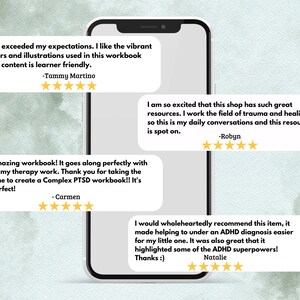 May include: A screenshot of a mobile phone displaying customer reviews for a product. The reviews are positive and highlight the product's usefulness and quality. The reviews mention the product's vibrant colors, illustrations, and learner-friendly content. The reviews also mention the product's effectiveness in helping with trauma and healing, as well as its usefulness for ADHD diagnosis.