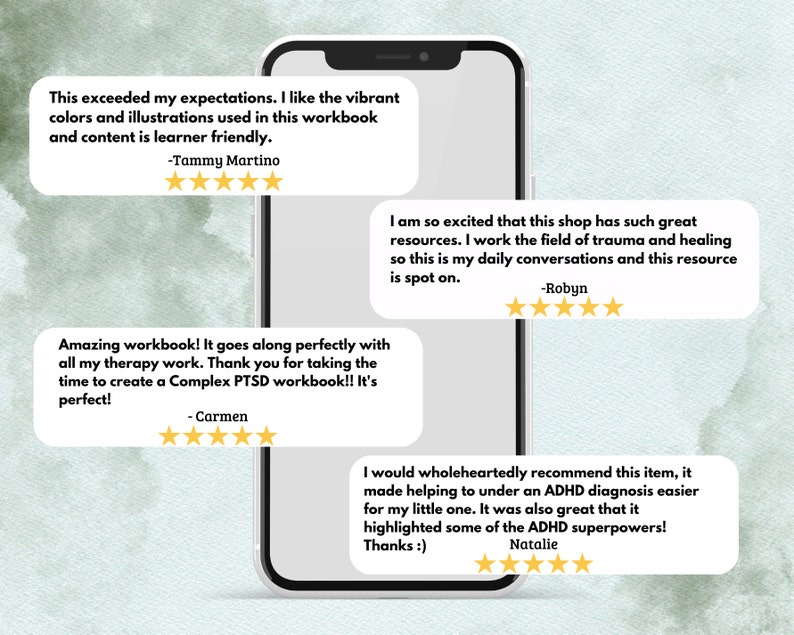 May include: A screenshot of a mobile phone displaying customer reviews for a product. The reviews are positive and highlight the product's usefulness and quality. The reviews mention the product's vibrant colors, illustrations, and learner-friendly content. The reviews also mention the product's effectiveness in helping with trauma and healing, as well as its usefulness for ADHD diagnosis.