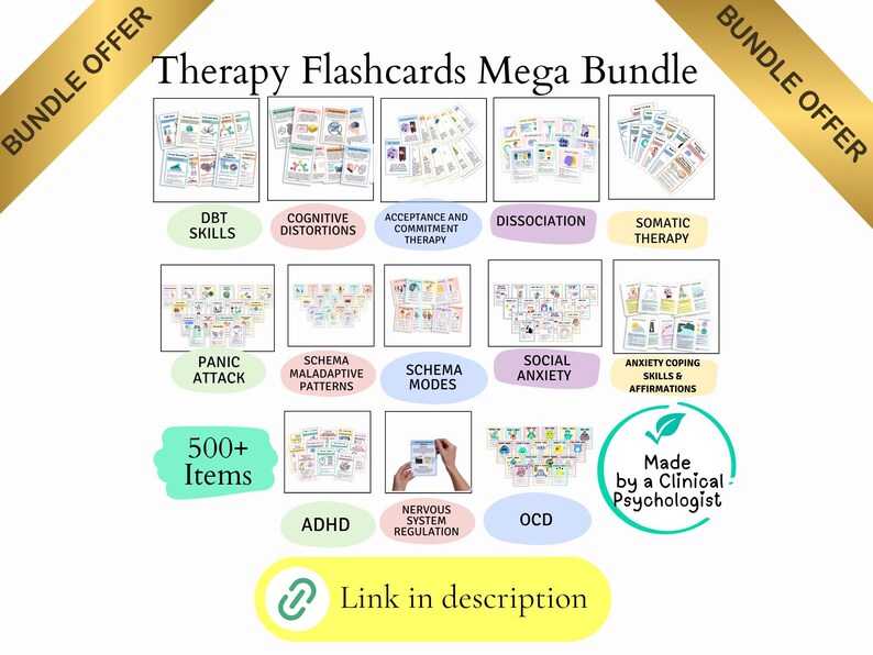 May include: A collection of therapy flashcards, labeled with topics like DBT Skills, Cognitive Distortions, and Social Anxiety. The image includes the text "Therapy Flashcards Mega Bundle" and "500+ Items". A green circle states "Made by a Clinical Psychologist".