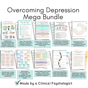 Depression workbook, Overcoming depression mega bundle, depression therapy cards, CBT for depression, coping skills depression worksheets
