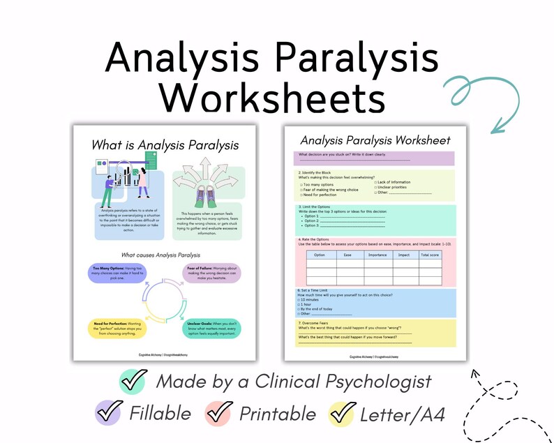 Analysis paralysis worksheet, ADHD worksheets, neurodivergent worksheets, how to overcome analysis paralysis ADHD analysis paralysis therapy, analysis paralysis psychology, examples analysis paralysis symptoms, reddit analysis paralysis meaning