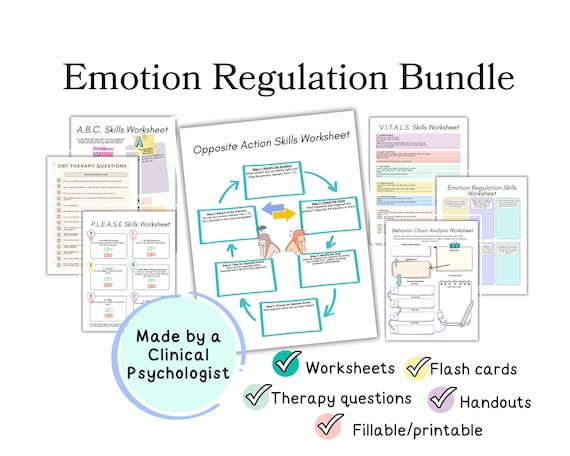 Emotion regulation worksheets, DBT emotion regulation bundle, DBT worksheets, please skill, vitals skill, behavior chain analysis, ABC skill