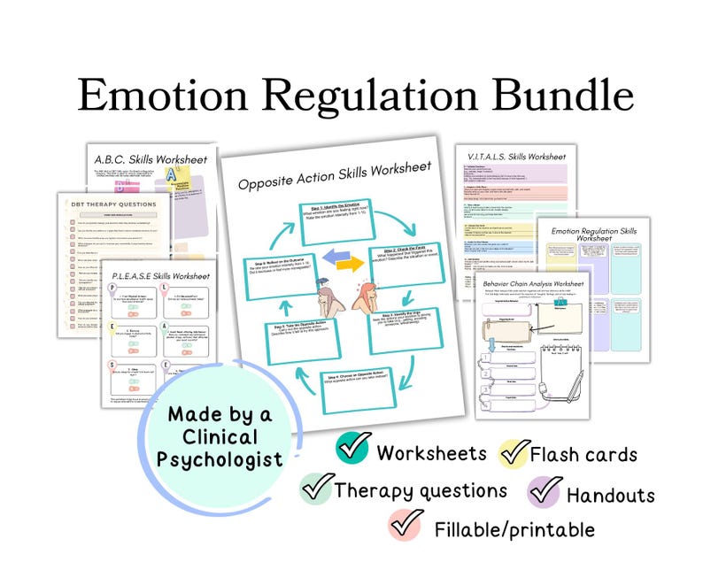 Emotion regulation worksheets, DBT emotion regulation bundle, DBT worksheets, please skill, vitals skill, behavior chain analysis worksheet, ABC skill, dielectical behavior therapy worksheets, DBT workbook, DBT journal, opposite action skills dbt