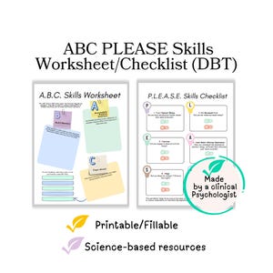 以下が含まれることがあります： DBTスキル用の印刷可能なワークシートとチェックリスト。画像には、ABCスキルワークシートとPLEASEスキルチェックリストの2ページがあります。ワークシートはパステルカラーの背景でデザインされており、テキストとチェックボックスが含まれています。画像には「Printable/Fillable」というテキストも含まれています。