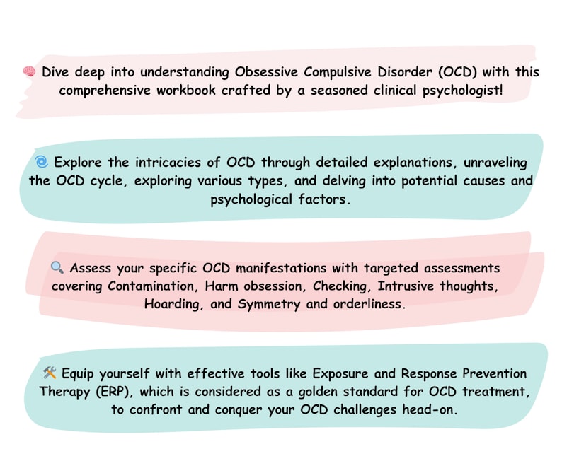 May include: A workbook with text about Obsessive Compulsive Disorder (OCD). The text is in a white font on colorful, stylized speech bubbles. The workbook covers topics like OCD manifestations, causes, and treatment.