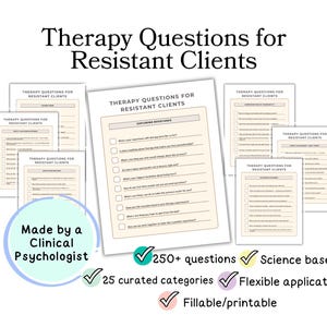 Op de afbeelding: Een printbare set met therapie vragen voor resistente cliënten. De set bevat meer dan 250 vragen, 25 samengestelde categorieën en is wetenschappelijk onderbouwd. De tekst op de afbeelding luidt "Therapie vragen voor resistente cliënten".