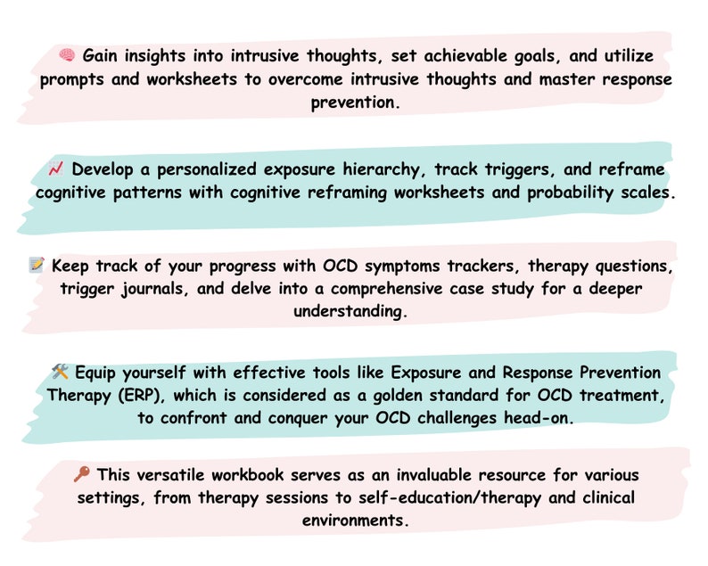 May include: A workbook with text in a handwritten style, offering guidance on managing intrusive thoughts and OCD. The text is organized in colorful rectangular blocks with bullet points. The workbook covers topics like setting goals, tracking progress, and using ERP.