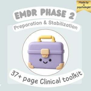 May include: A light purple, rectangular, cartoon-style storage case with a yellow handle, yellow latch, and yellow corner accents. The case features a simple black dot-eye and smile face. Text reads: EMDR PHASE 2 Preparation & Stabilization, 37+ page Clinical toolkit, Made by a psychologist.