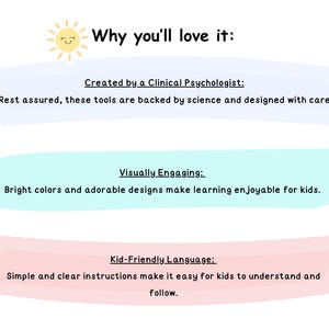 May include: A white background with text in a playful font. The text reads "Why you'll love it:" with three bullet points: "Created by a Clinical Psychologist," "Visually Engaging," and "Kid-Friendly Language."