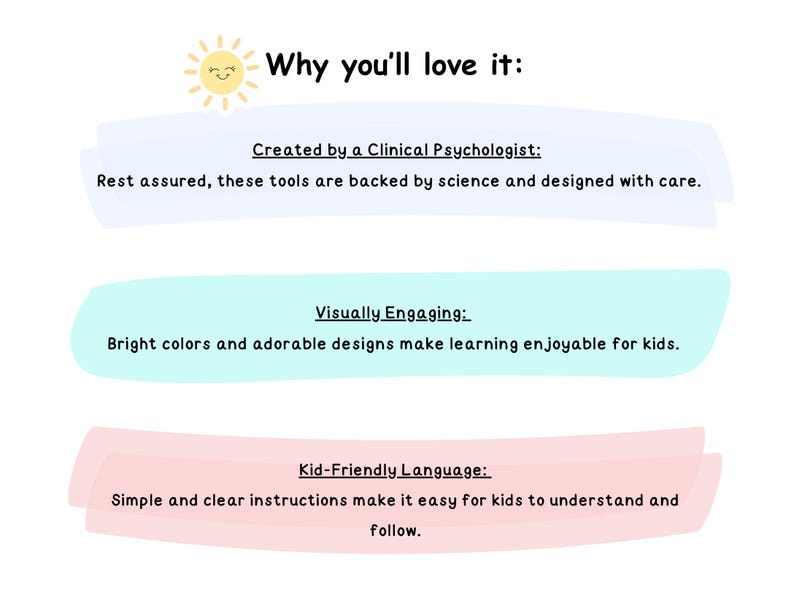 May include: A white background with text in a playful font. The text reads "Why you'll love it:" with three bullet points: "Created by a Clinical Psychologist," "Visually Engaging," and "Kid-Friendly Language."