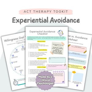 May include: A three-page ACT Therapy Toolkit featuring an Experiential Avoidance Checklist, a Willingness Dial, and an Acceptance vs. Avoidance worksheet. The documents include text, checkboxes, and a purple badge stating Made by a Clinical Psychologist.