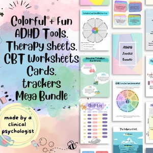 Bundle ADHD therapy worksheets adhd digital planner growth mindset adhd cards mental health teens adults ADHD kids printable adhd workbook